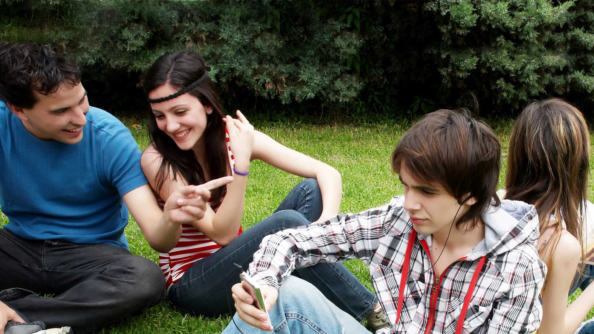 Group of students sitting in park on a grass