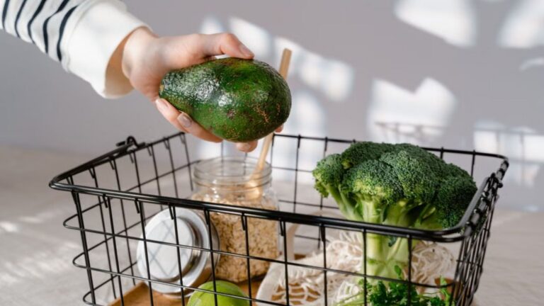 Fresh groceries basket with fruits and vegetables