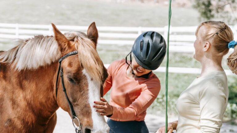 Two women interacting with a horse